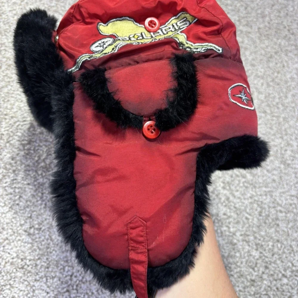 Polaris Trapper Hat‎ Mens XL Red Rabbit Fur Lined Nylon Snowmobile Ski Winter